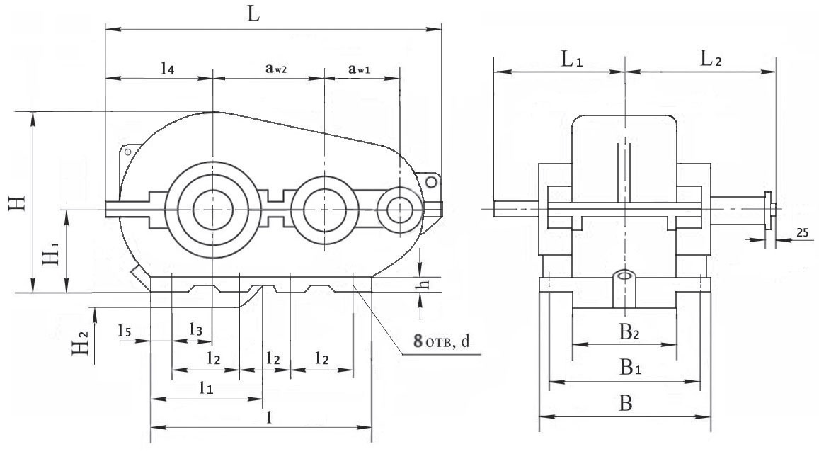 Габаритные размеры цилиндрического редуктора кранового РК-450